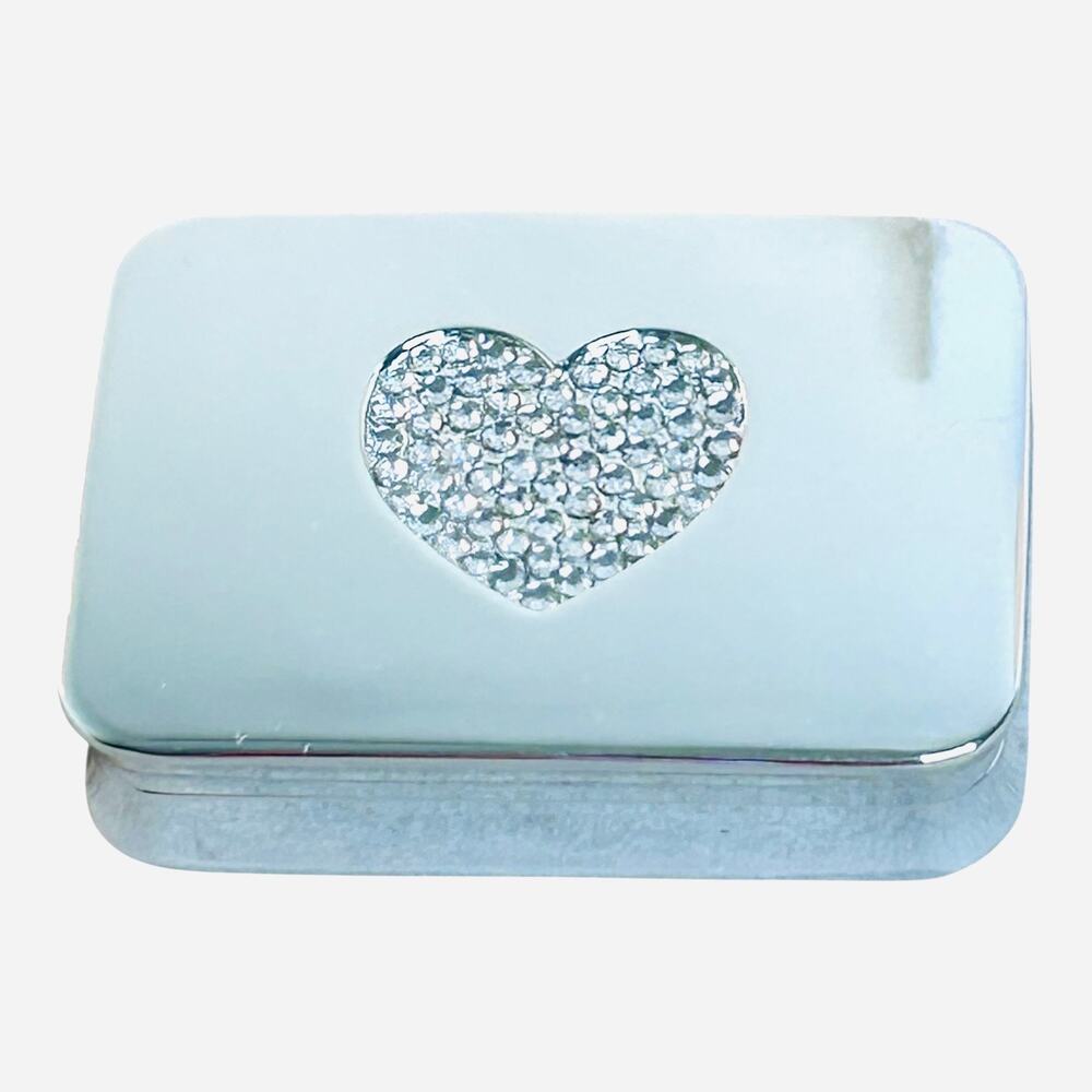 Pill Box Mirrored Silver Tone Pave Rhinestone Heart Coquette Feminine
